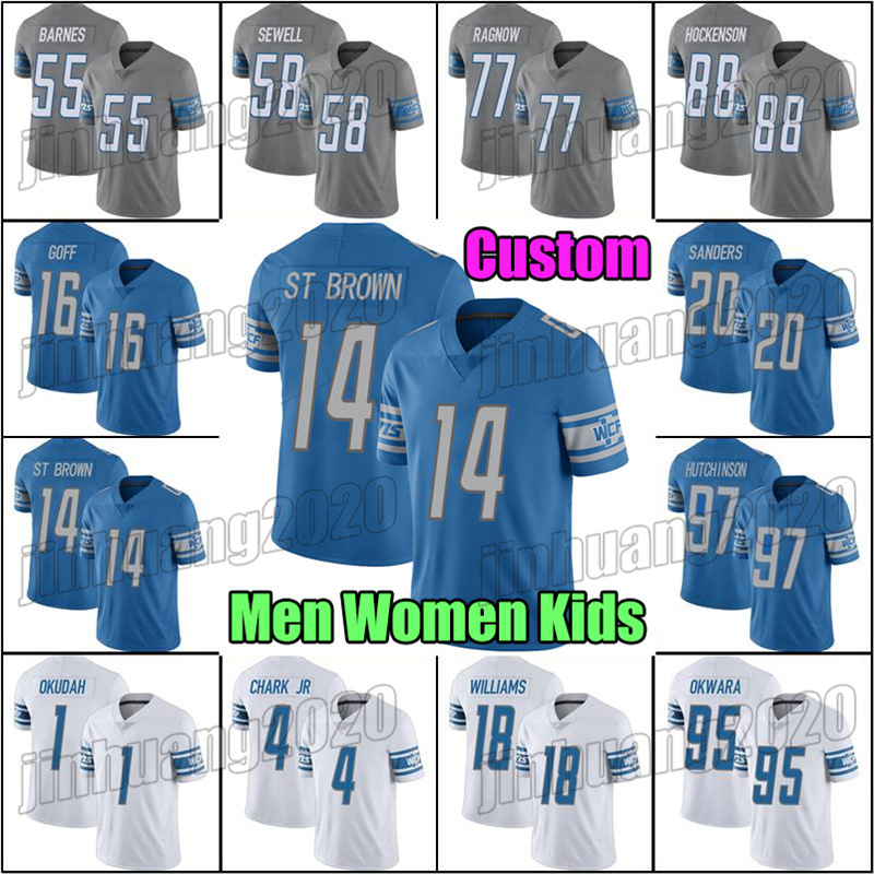 

Aidan Hutchinson Football Jersey Amon-Ra St Brown Malcolm Rodriguez Jameson Williams TJ Hockenson Jerseys Detroit Lions Walker III Jared Goff DAndre Swift McNeill, Youth custom jersey (xs)