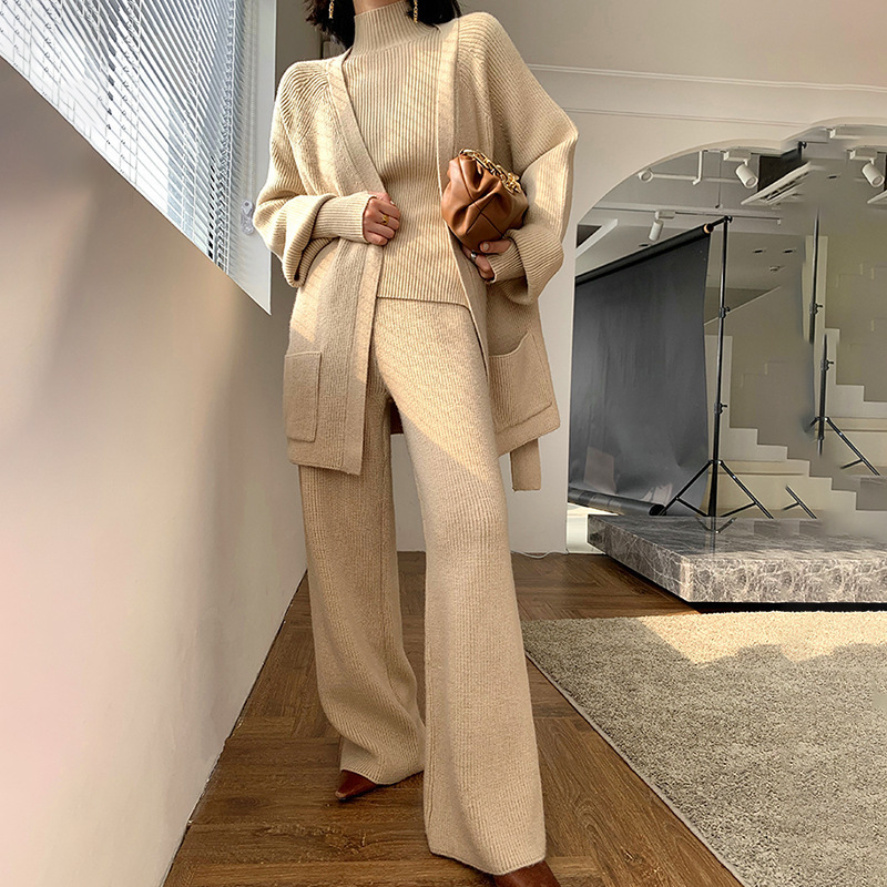 Trois pièces à la mode femmes tricoté costume automne hiver large jambe pantalon pull cardigan ensemble