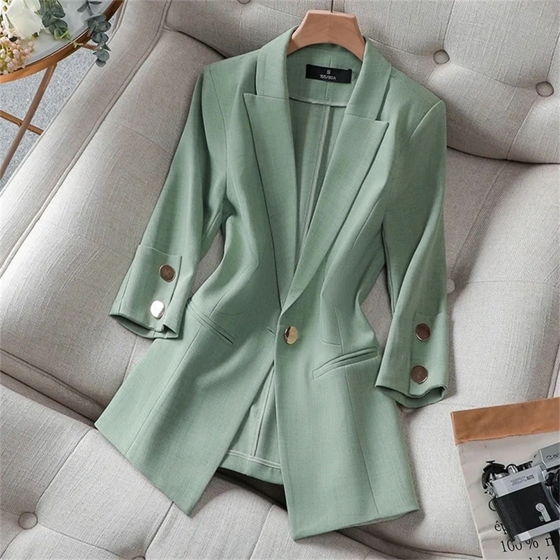 Été couleur unie élégant vert Blazer décontracté mince femmes veste femmes Style coréen col en V bureau dame costume manteau 220819