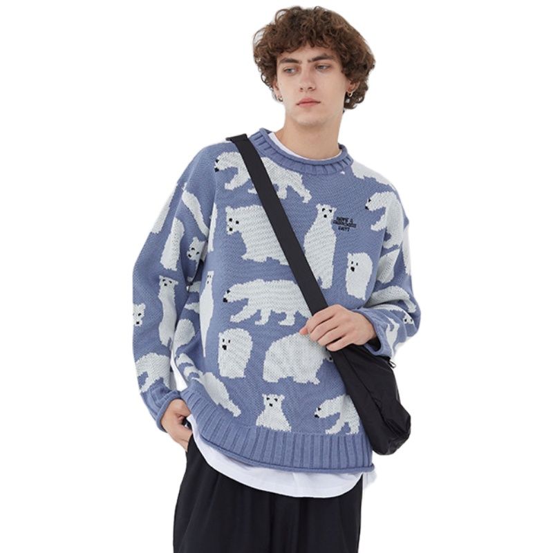 Men's Sweaters Polar Bear Full Print Harajuku Vintage Knitted Sweater Men Hip Hop Kpop Casual Tops Pullovers Women Knitwear Gothic ClothesMe