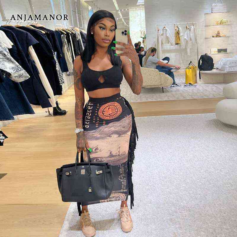 

ANJAMANOR Money Printed High Waisted Long Skirt with Side Tassel Sexy Fashion Women Clothing Night Club Party Skirts D70-CG25 T220819, Black