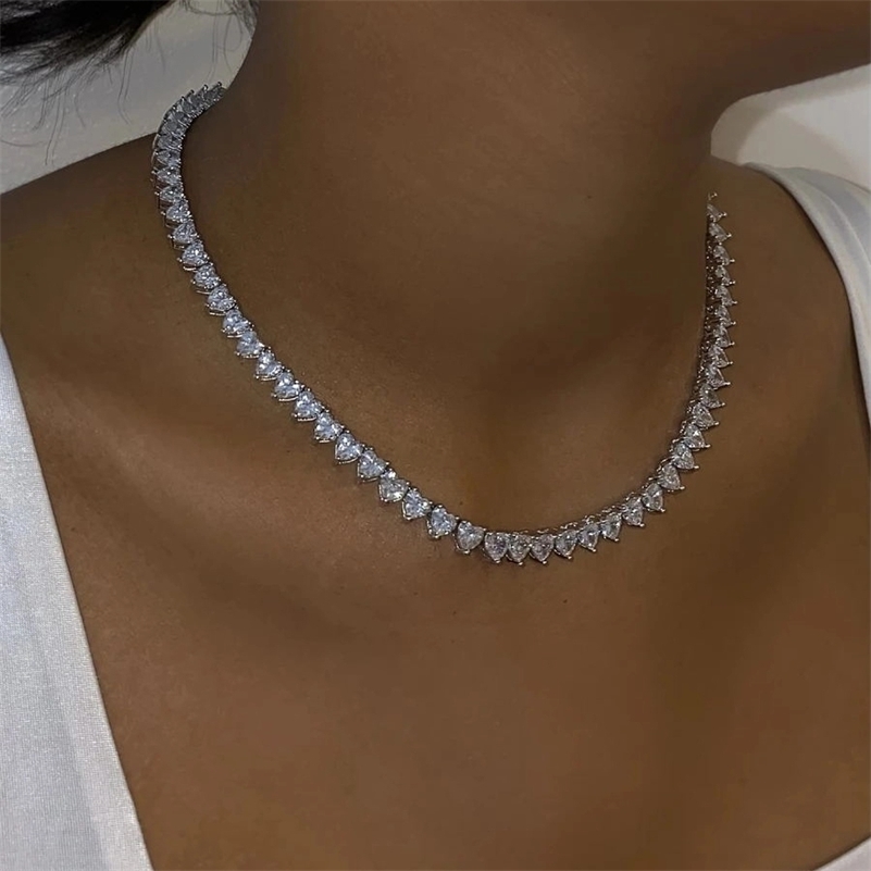 Arrived Iced Out Bling 5A Cubic Zirconia Cz Heart Tennis Choker Necklace For Lovely Girl Women Fashion Wedding Jewelry Gifts 220818