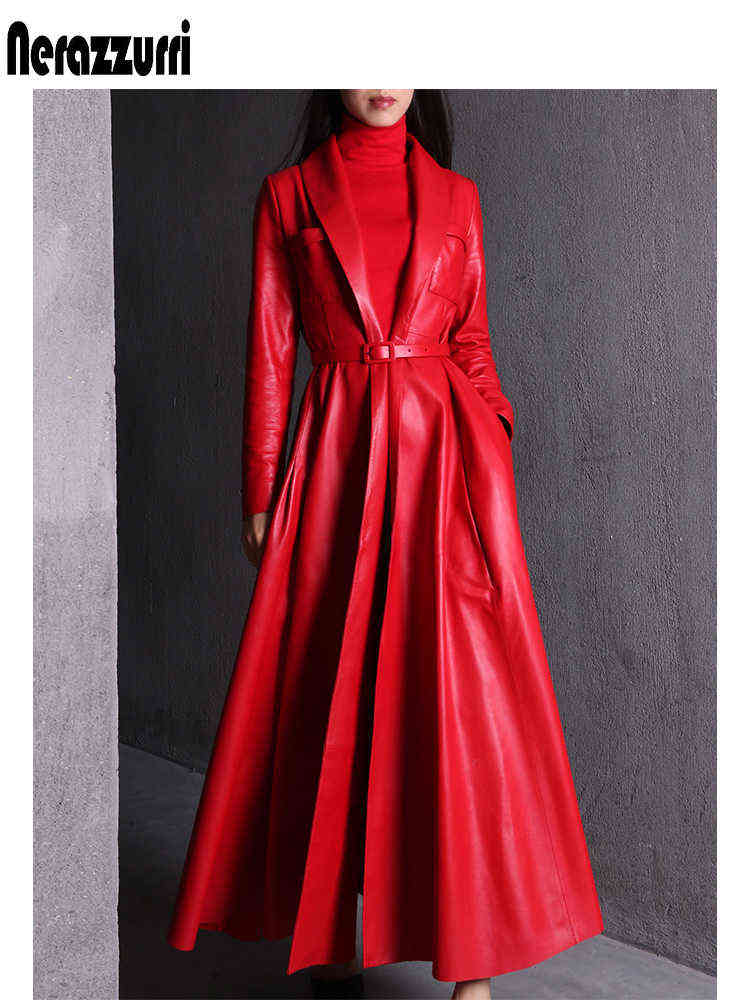 Nerazzurri High Quality Red Black Maxi Pu Leather Trench Coat for Women Extra Long Skirted Elegant Overcoat Fashion 5xl 6xl 7xl T220810