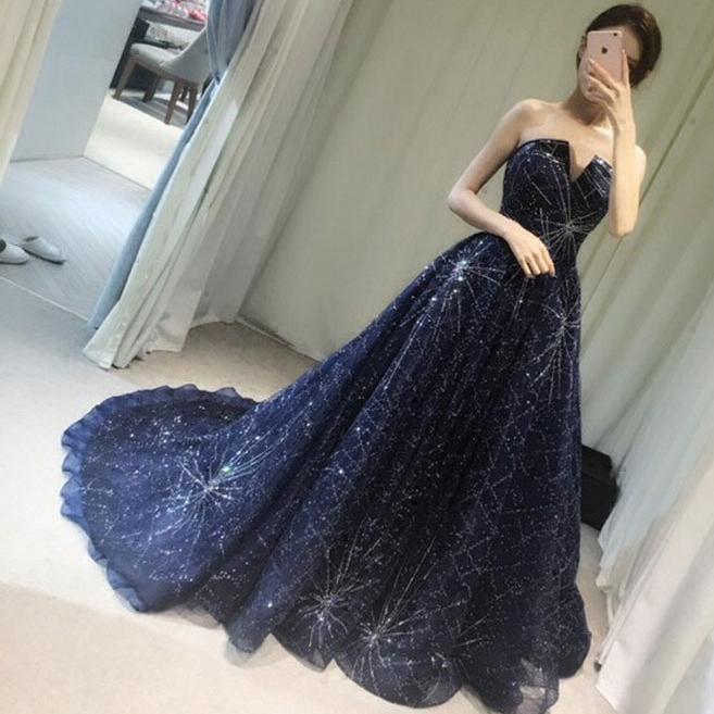 Women Long Train blue Evening Dresses Off Shoulder Sweep Train Elegant Prom Dress Party Zuhair Murad Dress Vestidos Festa-image-791156971