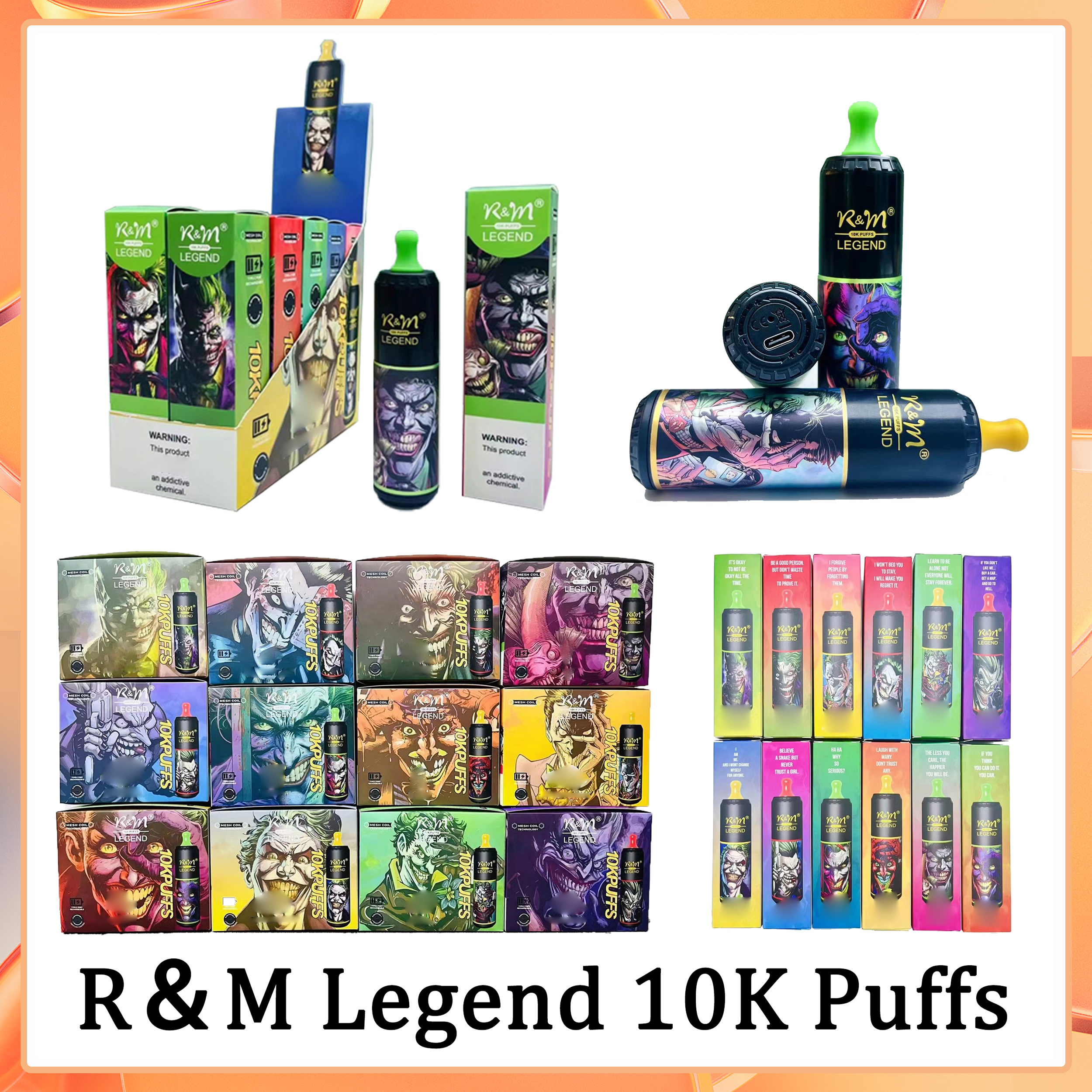 

100% Original R&M Legend 10K Puffs Disposable E cigarette Vape Pen 20ml Prefilled 5% Cartridge Pod Device 650Mah Rechargeable Battey Airflow Control Vapes Rm RandM