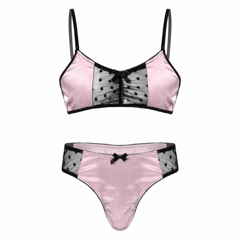 bras Sets Men Satin Lingerie Suit Sissy Crossdresser Nightwear Sheer Mesh Patchwork Adjustable Spaghetti Strap Bra Tops With Briefs Thongs J9gO#-image-791325122