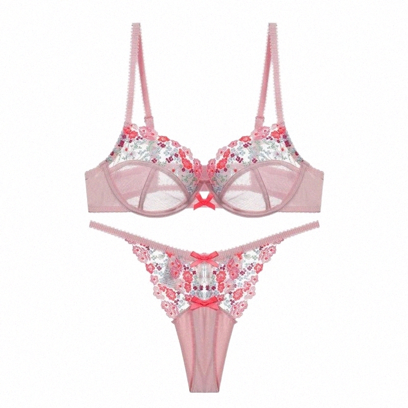 

bras Sets Sexy Pink Lace Underwear Set Embroidered Flower Bra Push Up Brassiere Mesh See-through Erotic Lingerie Women Thong Y0ST#