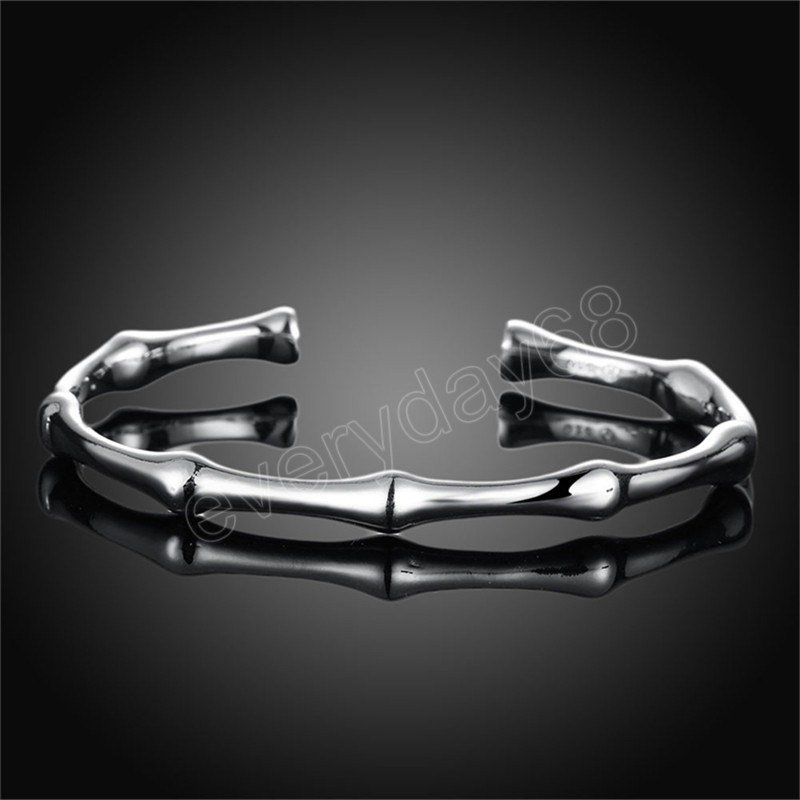 925 Sterling Silver Bamboo Joint Opening Cuff Bracelet Bangles For Women Wedding Engagement Party Fashion Jewelry