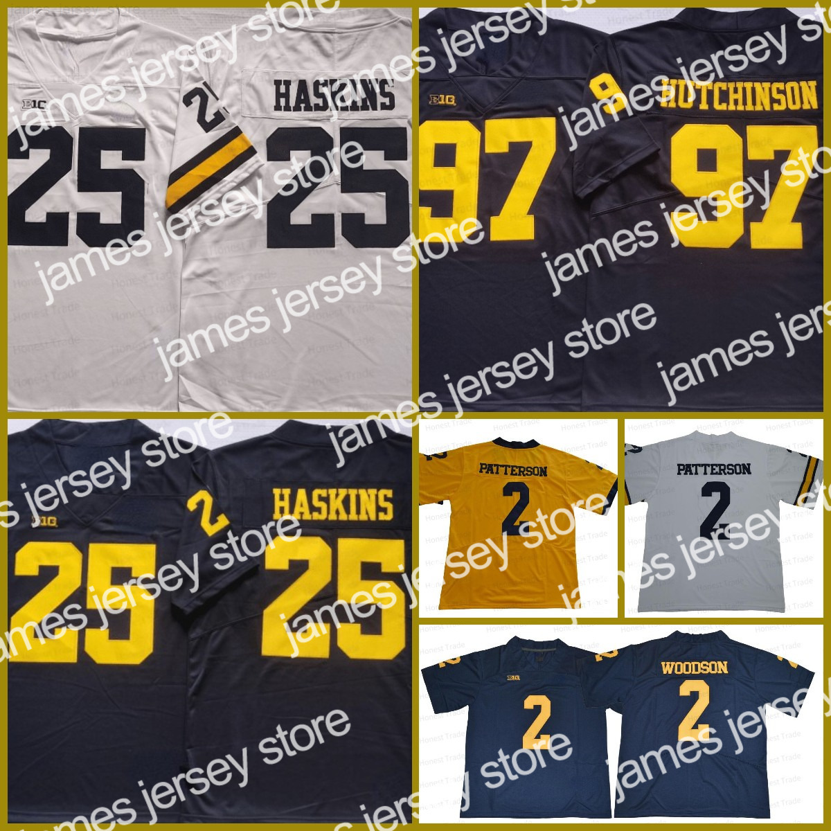 

22 22 NCAA Michigan 97 Aidan Hutchinson Yellow College Football Jersey Charles Woodson 2 Shea Patterson 25 Hassan Haskins Navy Blue Jerseys, Men;as