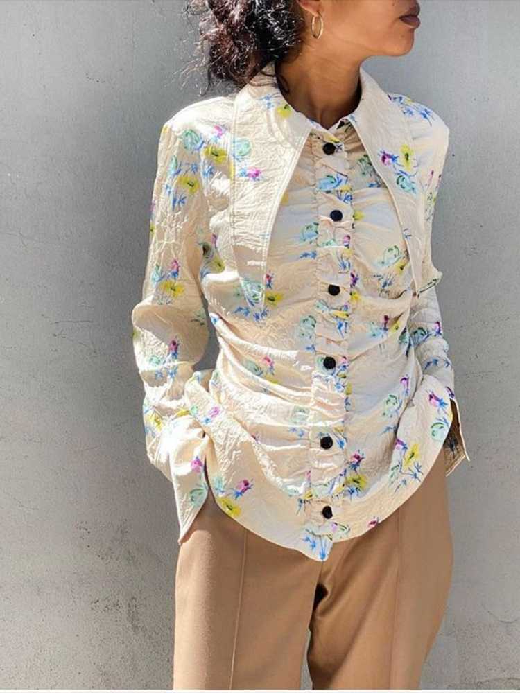 Chemisiers pour femmes chemises automne et hiver col pointu plissé Satin manches évasées imprimé Slim Fit chemise haut pour femmes