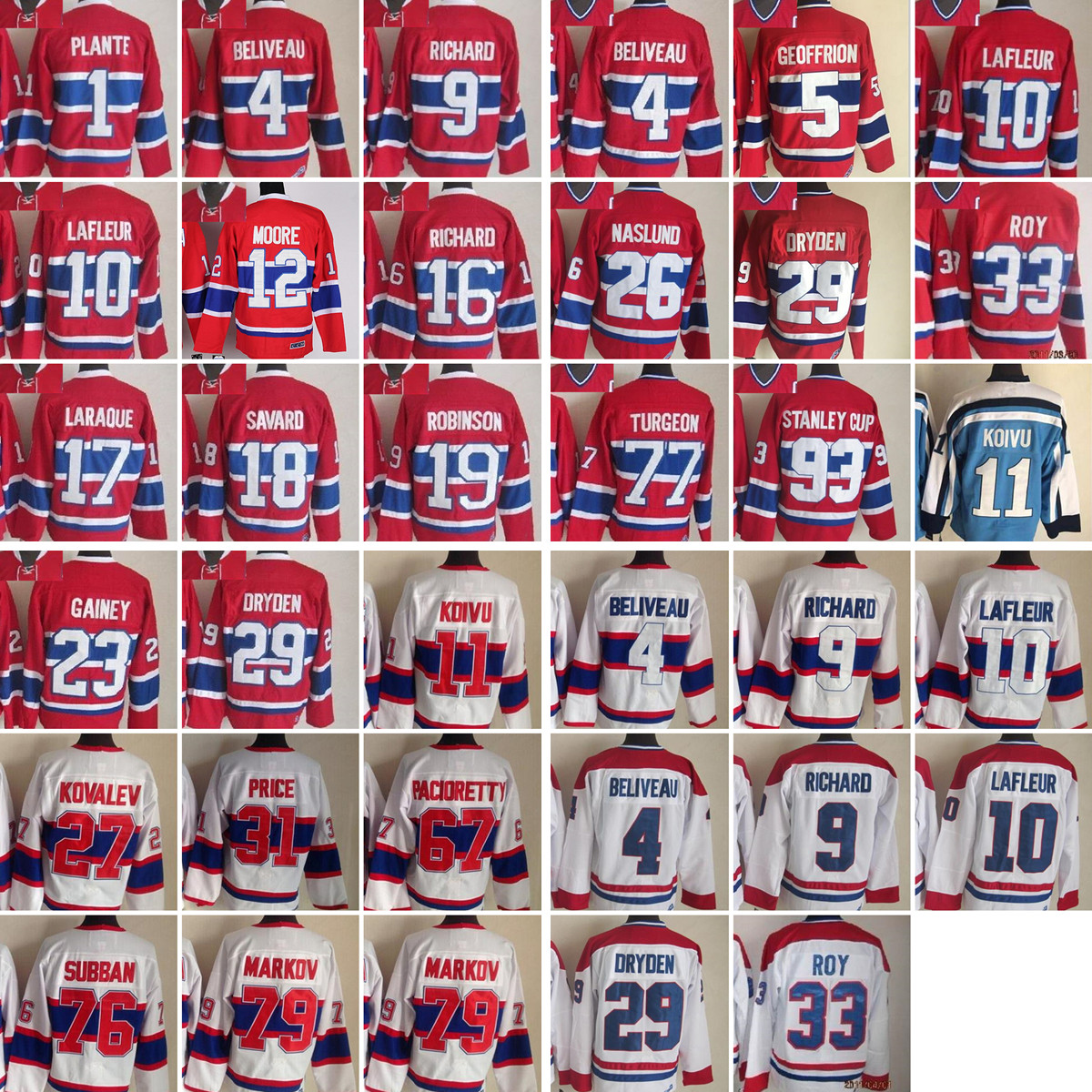 Montréal''Canadiens''Nouveaux maillots de hockey sur glace rétro 1 Jacques Plante 4 Jean Béliveau 5 Bernie Geoffrion 9 Maurice Richard 10 Lafleur