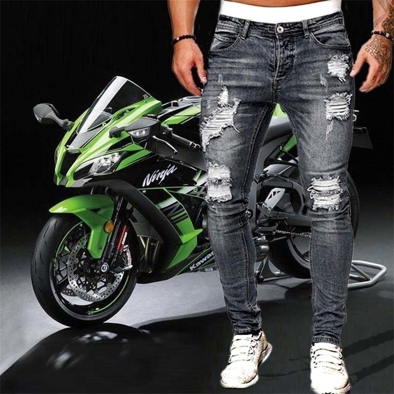 

Mens Ripped Skinny Jeans Blue Slim Fit Hole Pencil Pants Casual Biker Trousers Streetwear High Quality Denim Man Clothing W220818, 1990 light blue