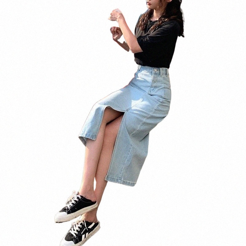 skirts Summer 2021 Women's Long Denim Skirt Vintage High Wasit Jeans Female Straight Side Split A-line Pencil 85XU#-image-791251494