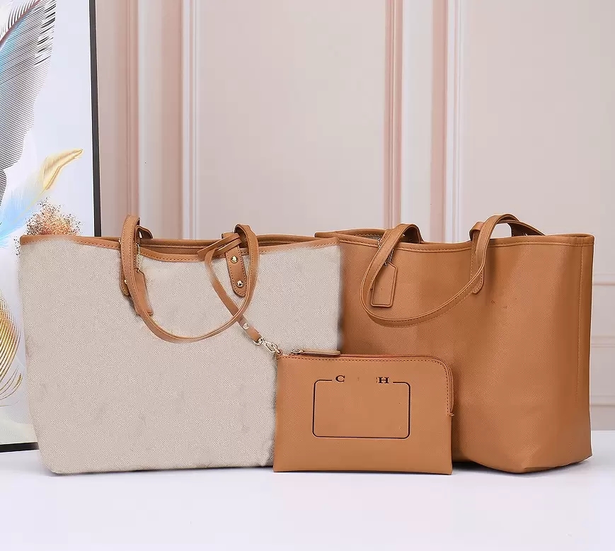 

Fashion women PU leather handbag large canvas tote shopping bag come with small pouch brown dustbag