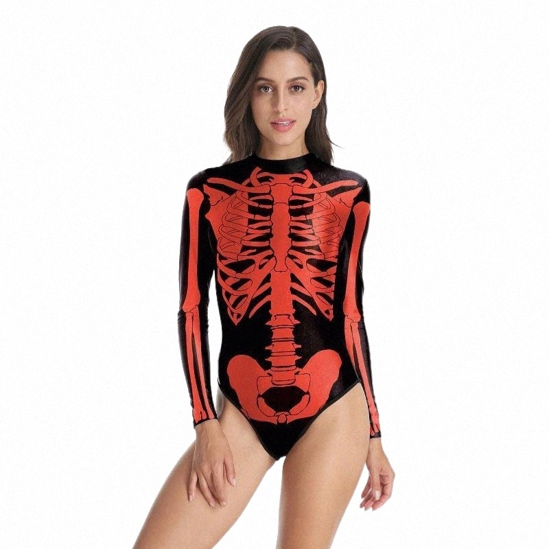 

theme Costume Terror Halloween Red Skeleton Print Bodysuit For Women Horror Bone Long Sleeves Top Spandex Scary Party Club Lady Girls s9ie#, Red black