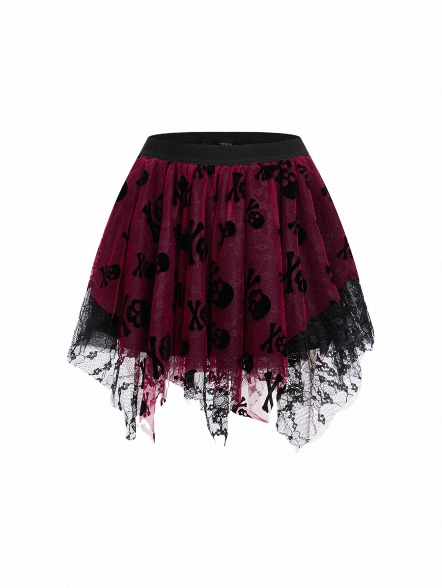 

Women's Skirts skull Print Asymmetrical Hem Mesh Skirt N03p#, White/pink