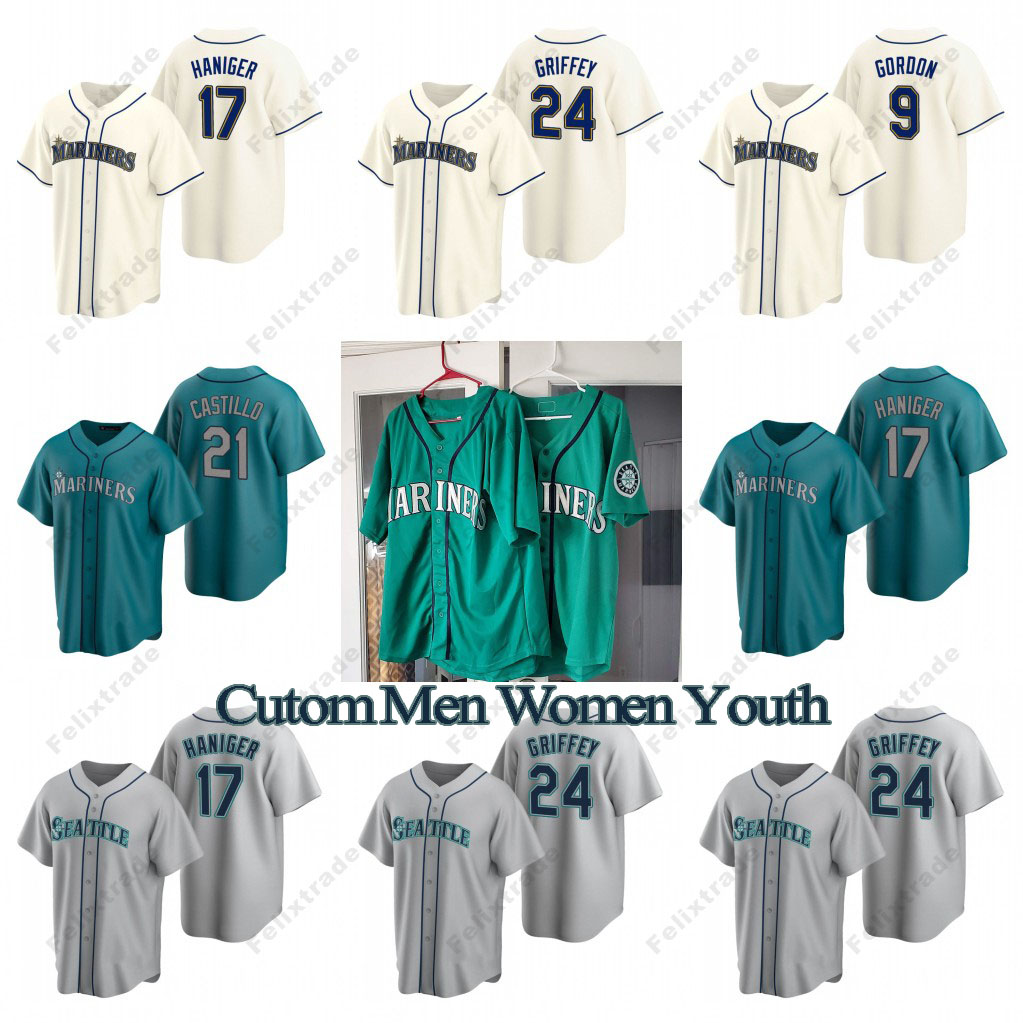 

Julio Rodriguez Aqua Mariners Jersey Ken Griffey Jr. Mitch Haniger Kyle Seager Adam Frazier Tom Murphy Luis Torrens Robbie Ray Ichiro Custom Baseball Jerseys, White cool base