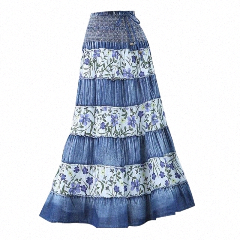 skirts Women 2021 Ladies High Waist Denim Maxi Sexy Big Swing Loose Long Pleated Party Floral Jeans Y1UV#