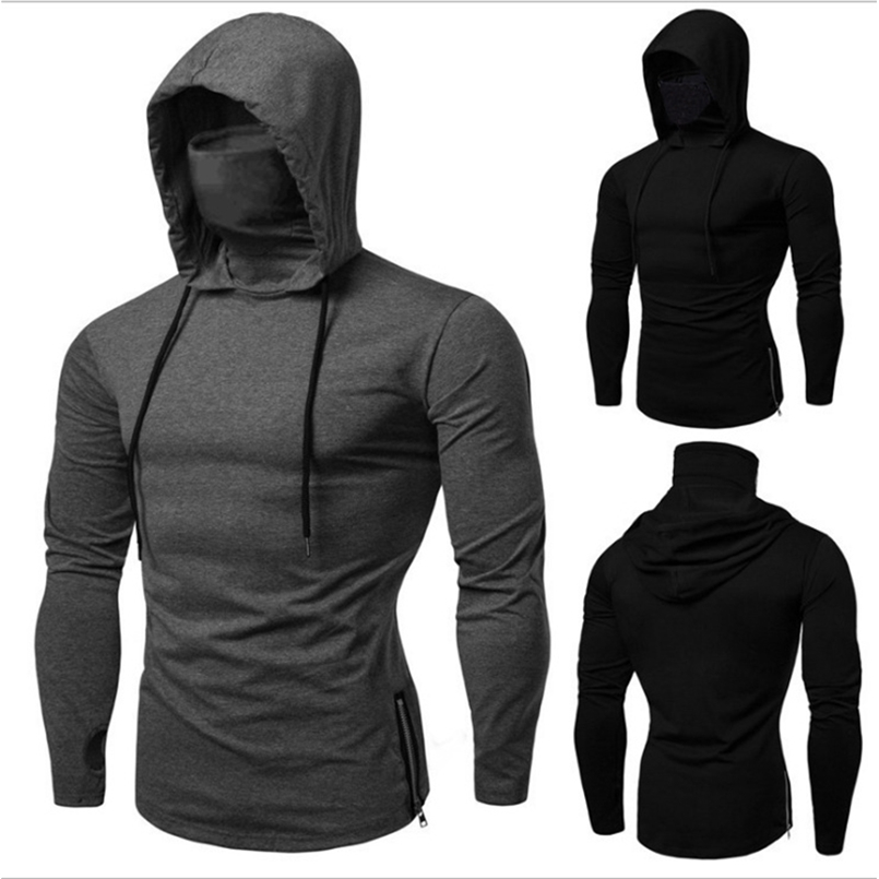 Mode à manches longues masque à capuche T-shirt hommes décontracté élastique solide Fitness T-shirt Hip Hop Slim Fit mâle T-shirt Streetwear 2208