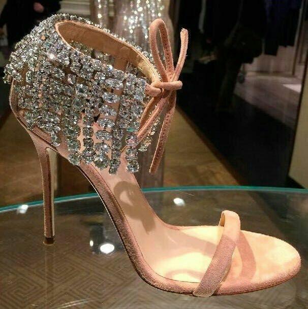 Sangle de la cheville de style romain Crystal Chaussures ¢ paillettes clout←es Sandales pour femmes talons Chaussures de danse de la salle de bal