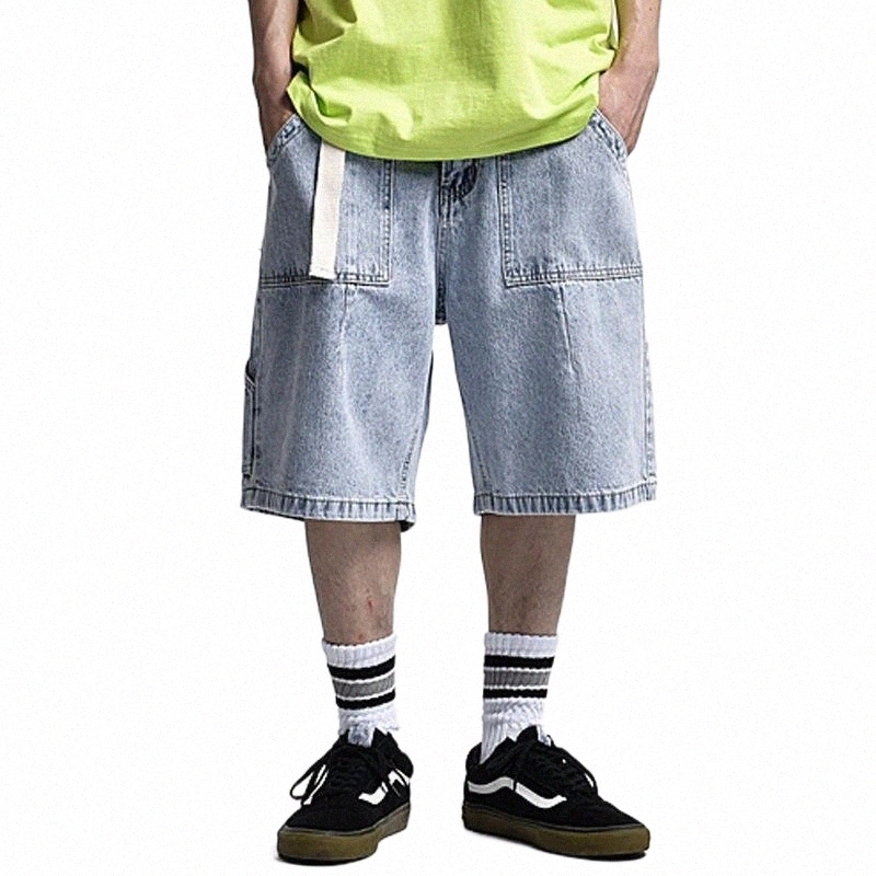 

men's Jeans Belt Pants Multi-pocket Denim Shorts Men Summer Streetwear Baggy Short Knee-length Fashion Half D04w#, Light blue