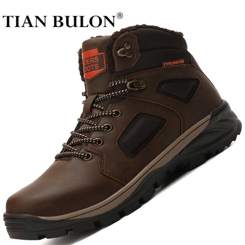 Winter Leather Ankle Boots Men Casual Shoes Outdoor Waterproof Work Tooling Mens Hiking Boots Sneakers Warm Military Snow Boots 201124