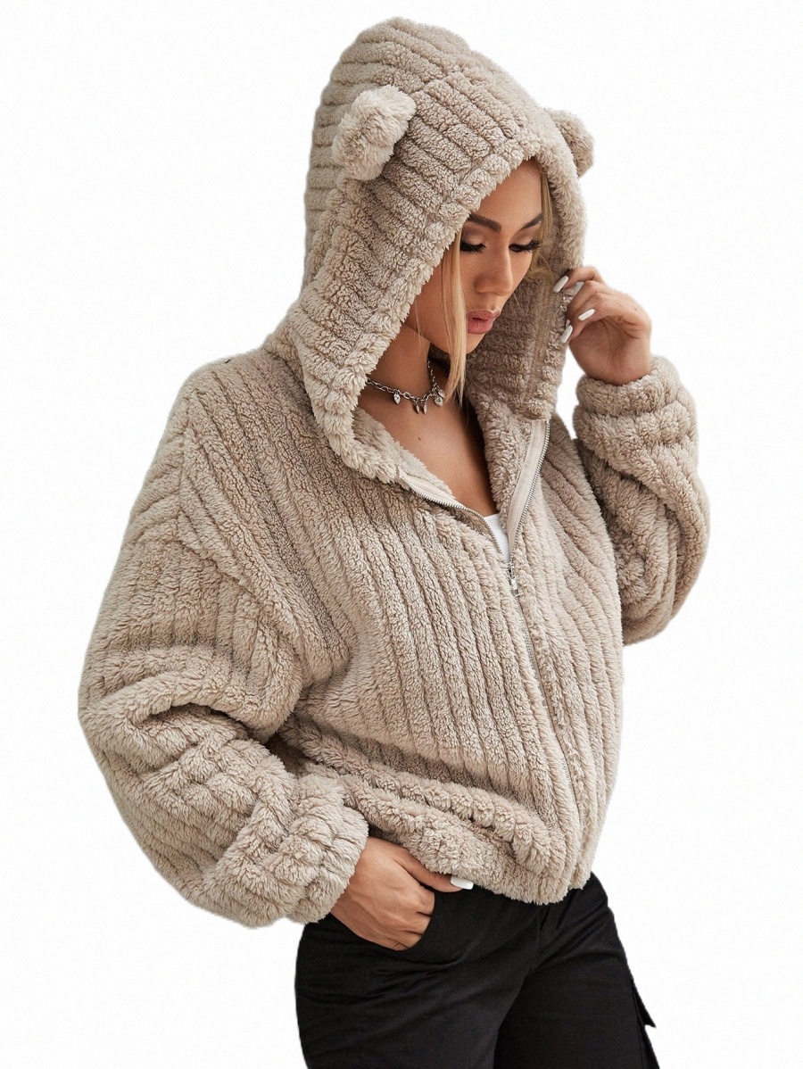 

Women's Jackets drop Shoulder 3D Ear Design Hooded Teddy Jacket e95m#, Orange