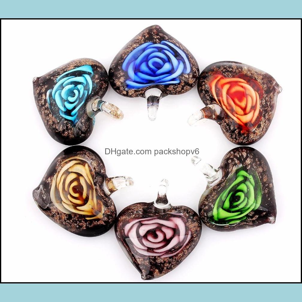 Colliers de pendentif en gros 6pcs pendentifs faits à la main Murano Glass Couleur de fleur rose coeur coeur Collier Bijoux Packshopv6 DH2VI