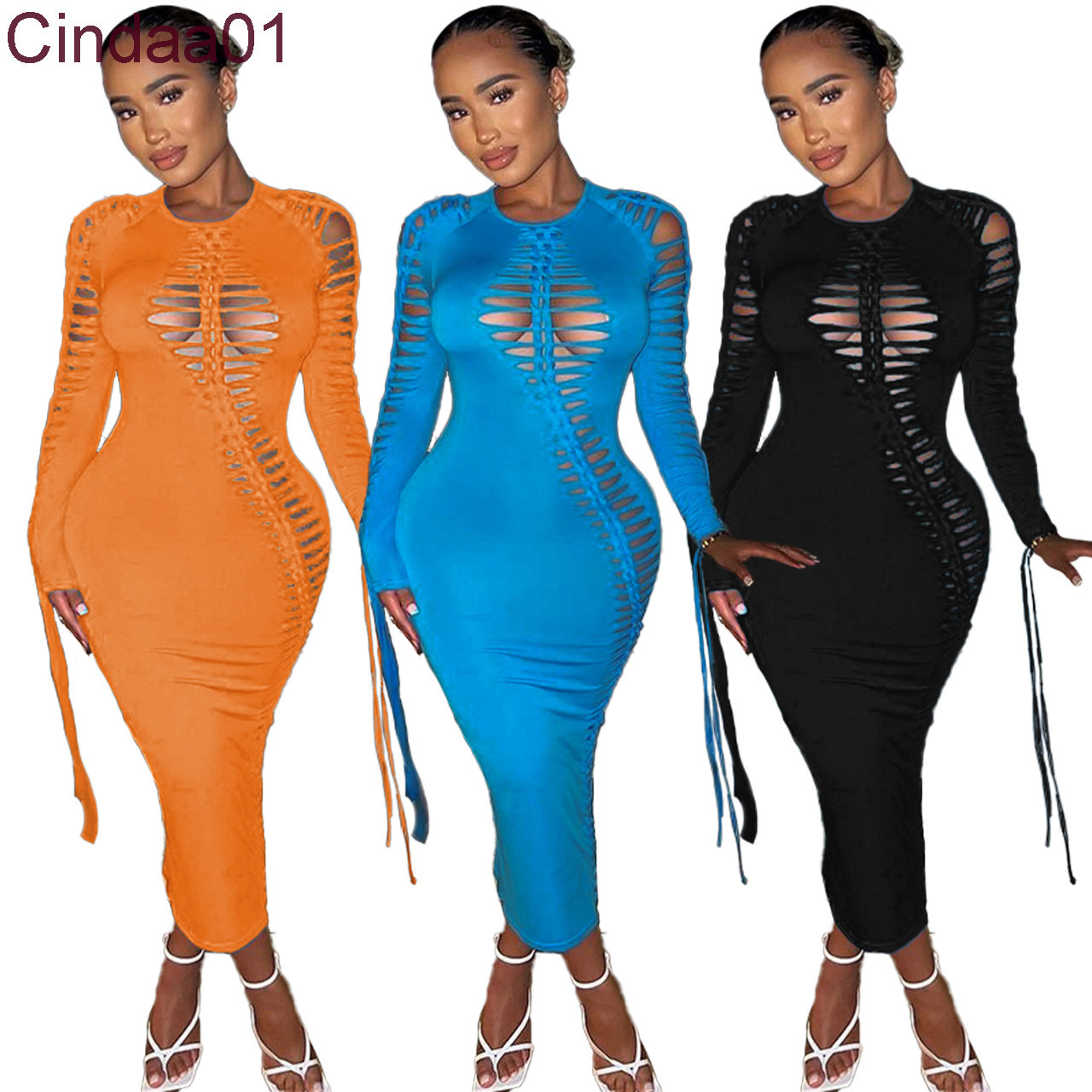 

Womens New Round Neck Dresses Personalized Burnt Flower Woven Long Sleeve Lace Up Sexy Dress, Black