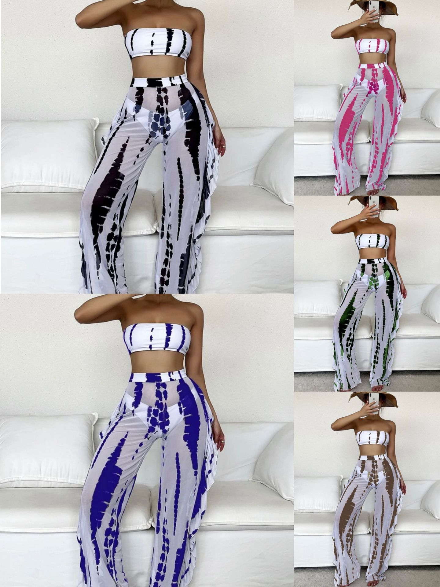 Women's Swimwear European and American New Tube Top Sexy Bikini Stripe Net Falbala Trousers Style Three Piece Swimsuit-image-791222700