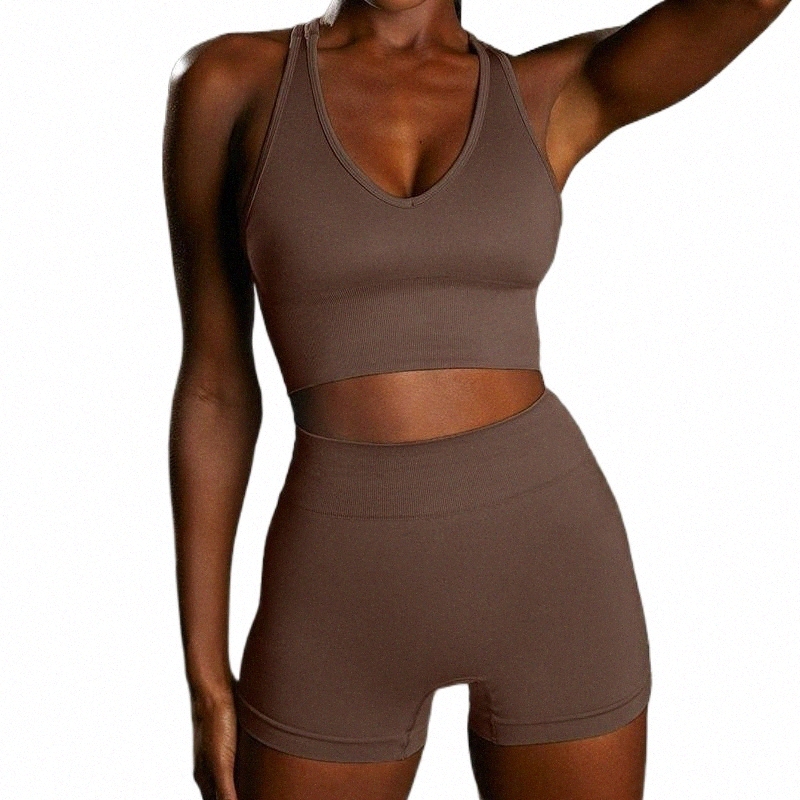 

women' Tracksuits ASHEYWR Seamless Sets Women Fitness High Elastic Push Up Bras Top Two-Piece Suit Female Waist Shorts Workout Set Woman e7iJ#, Rust red