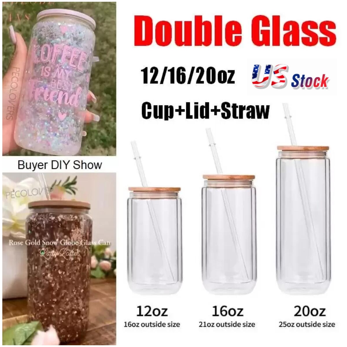 

US warehouse 12/16/20OZ Double Wall Glass Cup with Bamboo Lid and Straw Transparent Tea Juice Milk Coffee Can Cup Wine Cola Drinkware C0819G01