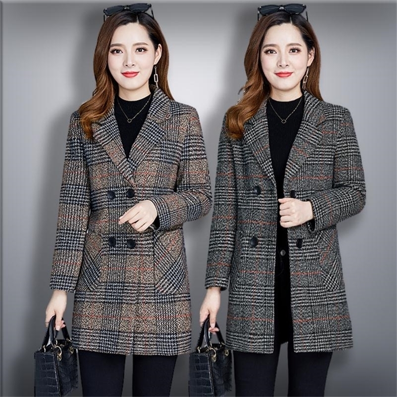 

Blended Wool Coat Women Plaid Jacket Autumn Winter Mid Long Slim coats Jackets Ladies Double Breasted Elegant Woolen Outerwear 220819, Khaki
