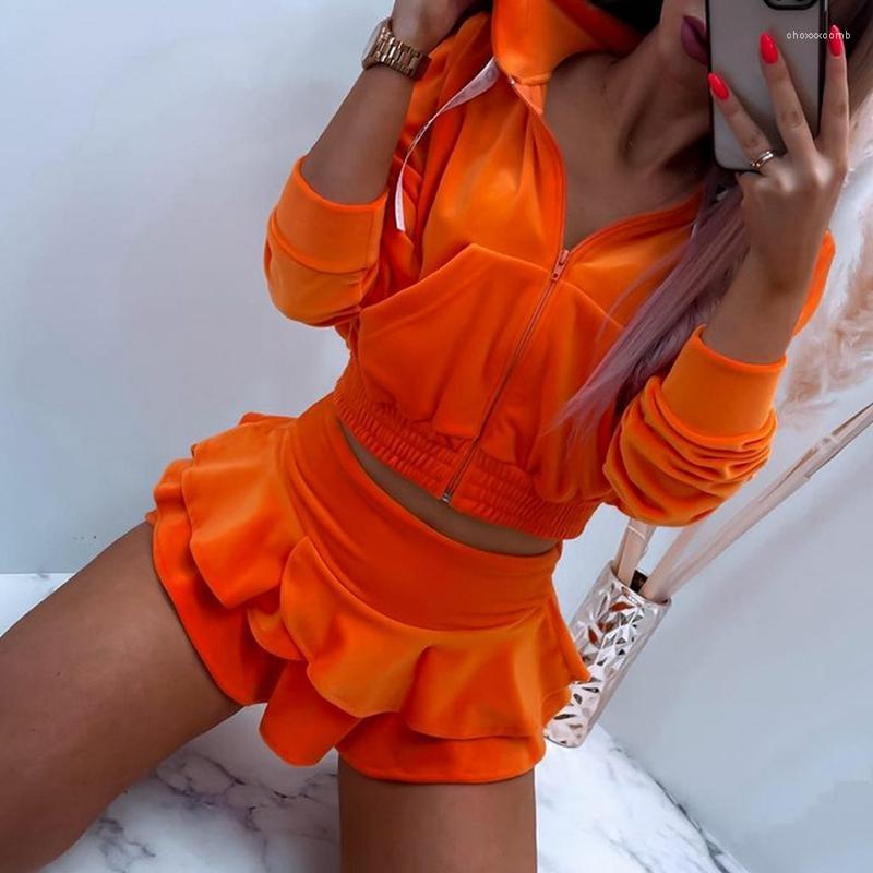 Women's Tracksuits Mandylandy Velvet Casual Outfit Top Pantskirt Summer Sexy Zipper Hoodies High Waist Skinny Short Skirts Sets 2 Piece Shor