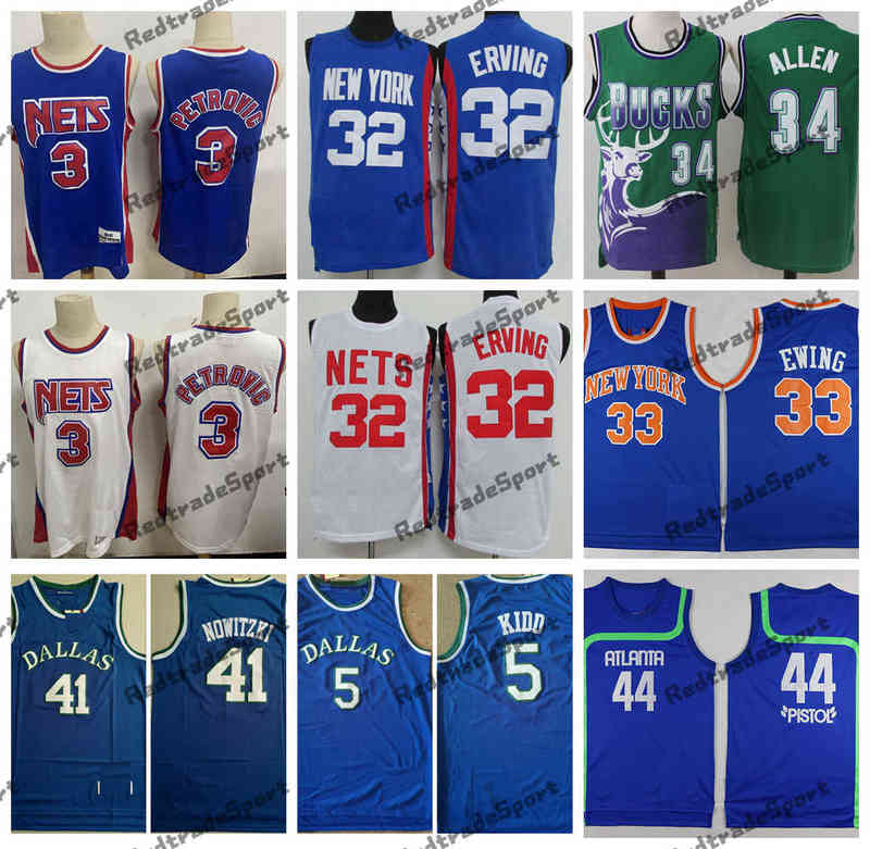 

Vintage 1992 Basketball Jerseys 3 Drazen Petrovic 32 Julius Erving 33 Patrick Ewing 44 Pistol Pete Maravich 5 Jason Kidd 41 Dirk Nowitzki 34, Blue