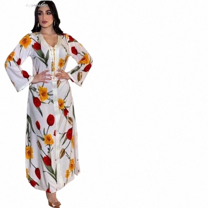 ethnic Clothing Women Floral Abaya Dubai Party African Maxi Dresses Islamic Muslim Vestidos Female V-Neck Kaftan Loose Robe Turkey 874d#-image-791252445