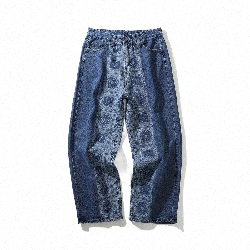 

men' Jeans Fashion Hip Hop Blue Bandana For Men Urban Boys Streetwear Wide Leg Black Denim Pants Plus Size1 f7m8#, Version 1
