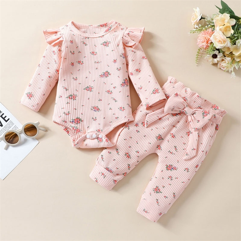 

MaBaby 0-24M born Infant Baby Girls Clothes Set Floral Outfits Long Sleeve Ruffles Romper Bow Pants Headband Autumn Clothing 220322, Pink