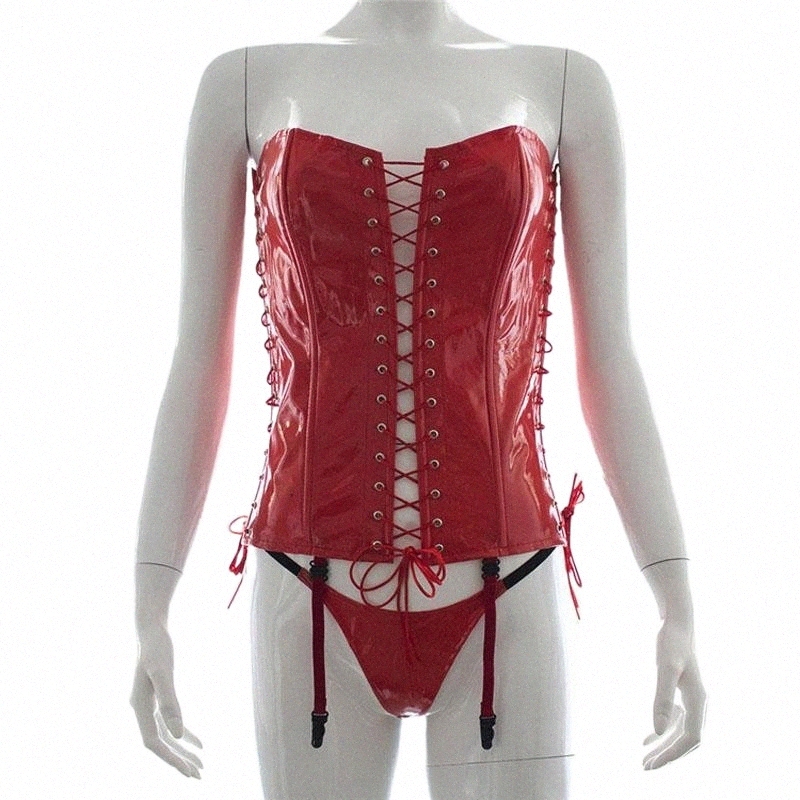 

catsuit Costumes Sexy Costume Fantasy Patent Leather Wetlook PVC Vinyl Front Lace Up Strapless Bustier Corset With Suspender Belt Queening S K85T#, Red