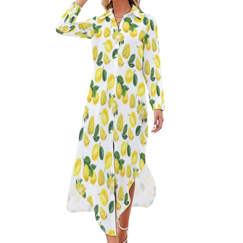 Robes décontractées Robe imprimée citron jaune Motif de fruits aquarelle Street Fashion Manches longues Plage Col en V Robe en mousseline de soie