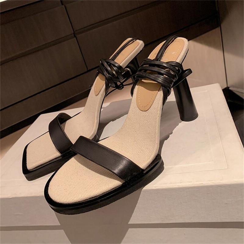 

Dress Shoes Fashion Women's Open Toe High Heels Ankle Strap Sexy Female Square Round Sandals Novel Woman Summer Lace Up One ShoesDress, Black