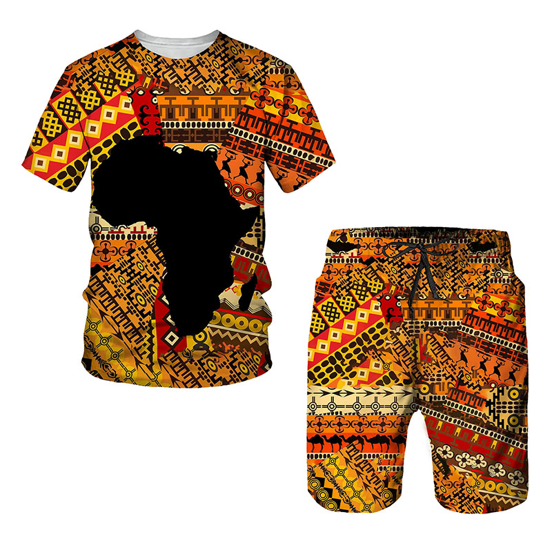 Men's Tracksuits African 3D Printing Women/Men Fashion T-Shirt Suit Retro Style Running Exercise Leisure Sports Summer Men's XXS-6XLMen&