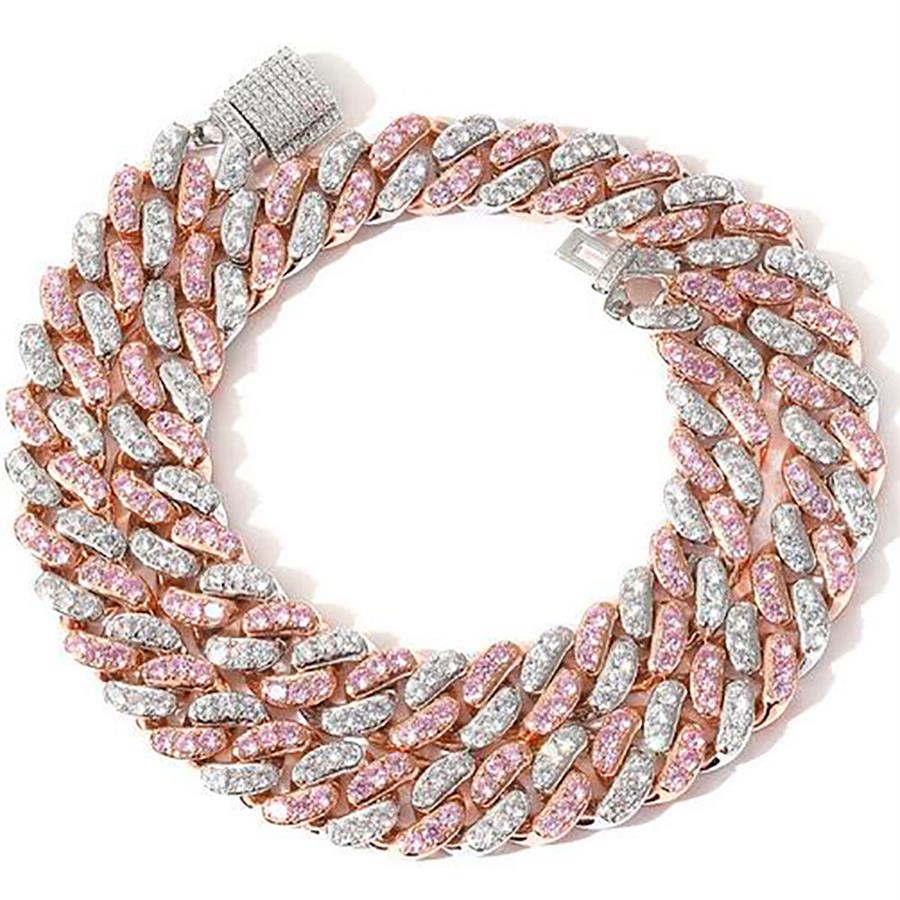 

12mm Iced Pink cuban Choker Necklace Silver rose Gold Cuban Link With White &Pink Diamonds Cubic Zirconia Jewelry 7inch-24inch2805
