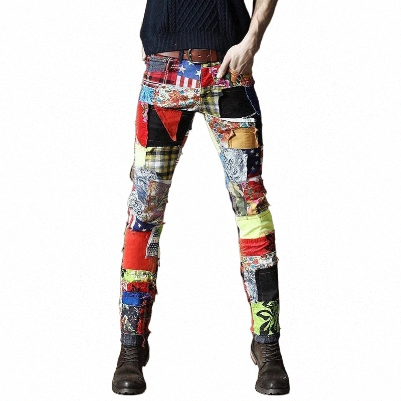 

men's Jeans Men Patch Patchwork Colorful Straight Pants Slim Fit Hip Hop Streetwear Individual Denim Trousers1 c0Hs#