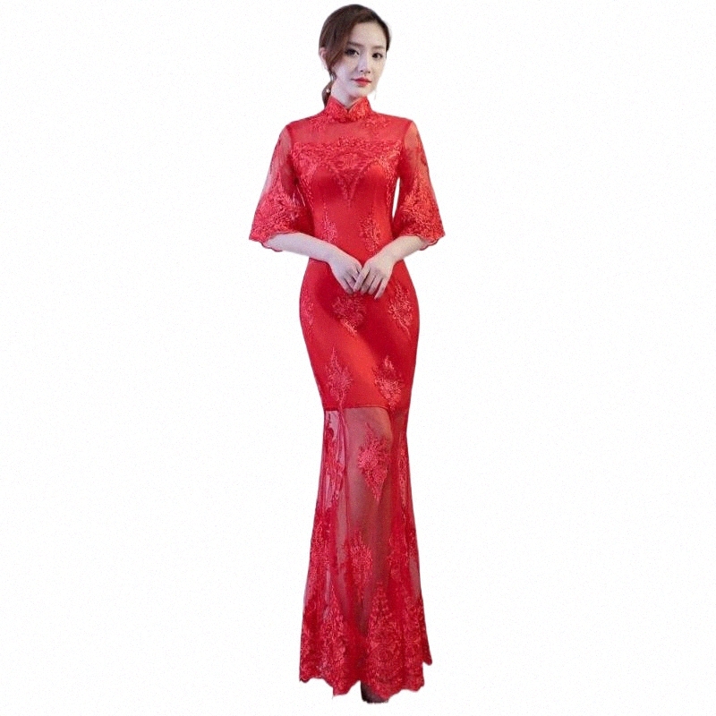 shanghai Story 2021 Half Sleeve Embroidery Cheongsam Long Qipao dress chinese traditional clothing oriental dresses for Women 31aE#-image-791259796