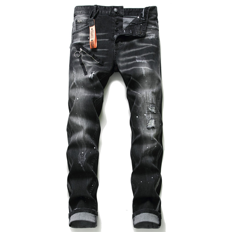 

Men's Jeans Ripped Patches Paint Dots Stitching Slim Fit Stretch Pants 1010# 115, As shown