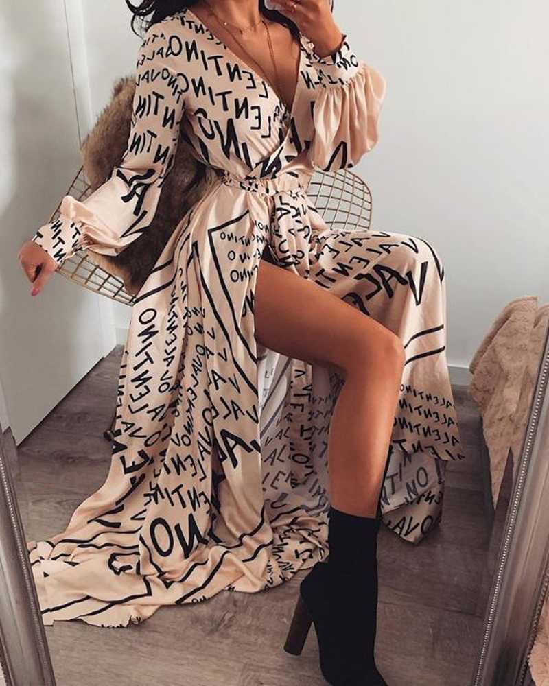 

Casual Dresses Women Summe Letter Print Boho V-neck Long Sleeve Slit Maxi Dress Beach SundressCasual, As pic