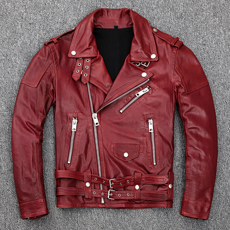 Printemps 100 Veste en cuir tannée en peau tannée de mouton doux vestes de moto rouge masculin