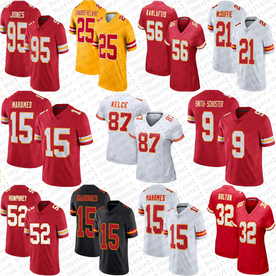 

15 Patrick Mahomes 9 JuJu Smith-Schuster Travis Kelce Custom Football Jersey George Karlaftis Creed Humphrey Trent McDuffie Nick Bolton Justin Reid Harrison Butker, Women