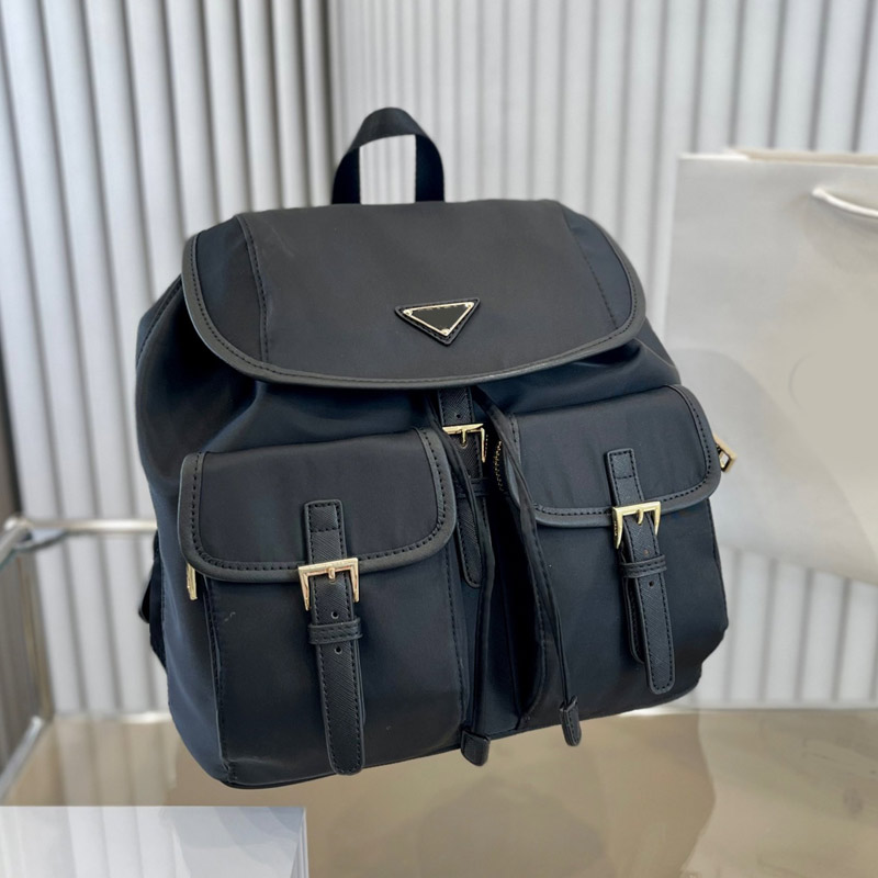 

Nylon Backpack Classic Black Shoulder Bag Unisex Handbag Travelling Bags Triangle Sign Multiple Pockets High Quality Plain String Chain Purse Internal Zipper, Gold hardware